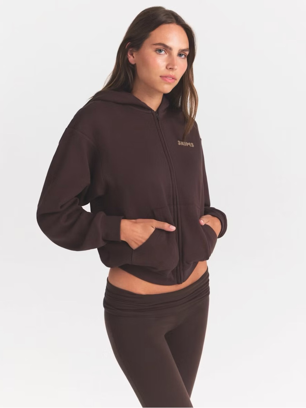 SKIMS Dark Brown Zip-Up Hoodie with Logo